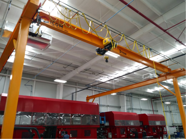 Grua viajera monorriel autosoportada con polipasto electrico marca R_M, con una capacidad de 3 toneladas